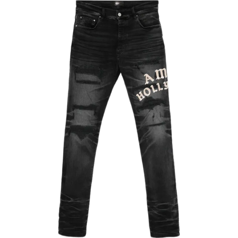 AMR Hollywood Skinny-Fit Logo-Flocked Distressed Jeans