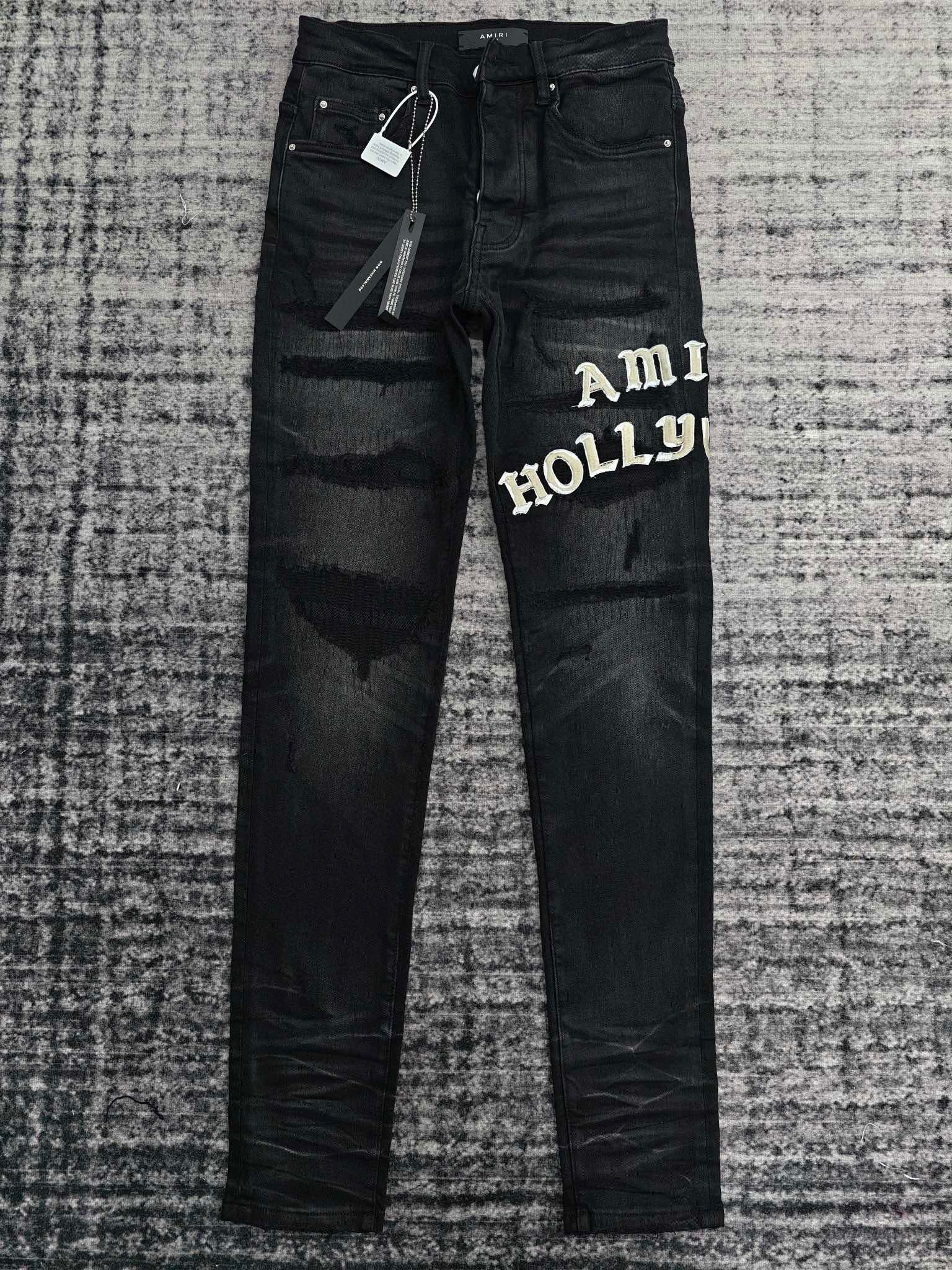 AMR Hollywood Skinny-Fit Logo-Flocked Distressed Jeans